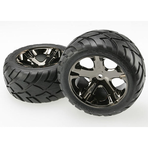 AX3773A Tires &amp; wheels assembled glued (All Star black chrome wheels Anaconda tires foam inserts) (electric rear) (1 left 1 right)