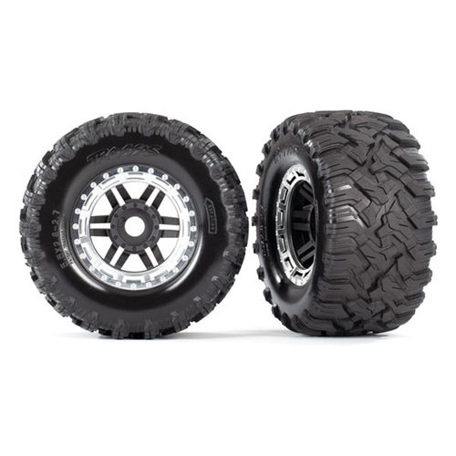 AX8972X Tires &amp; wheels, assembled, glued (black, satin chrome beadlock style wheels, Maxx® MT tires, foam inserts) (2) (17mm splined) (TSM® rated)