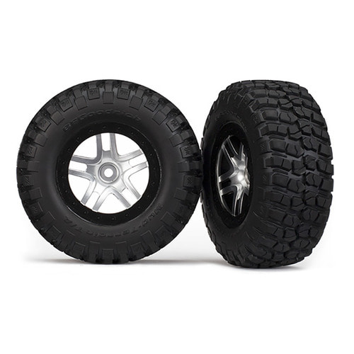 AX6873X Tires/wheels, assembled, glued (S1 ultra-soft off-road racing compound) (SCT Split-Spoke satin chrome, black beadlock style wheels, BFG Mud-Terrain tires, foam inserts) (2) (4WD front/rear, 2WD rear only)