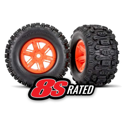 AX7774T Tires /wheels, assembled, glued (X-Maxx orange wheels, Sledgehammer tires, foam inserts) (left /right) (2)