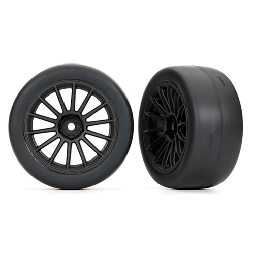 AX9374 Tires and wheels, assembled, glued front (2)-black wheels