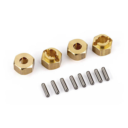 AX9750X Wheel hubs, 7mm hex, brass (1 gram each) (4)/ axle pins (8)