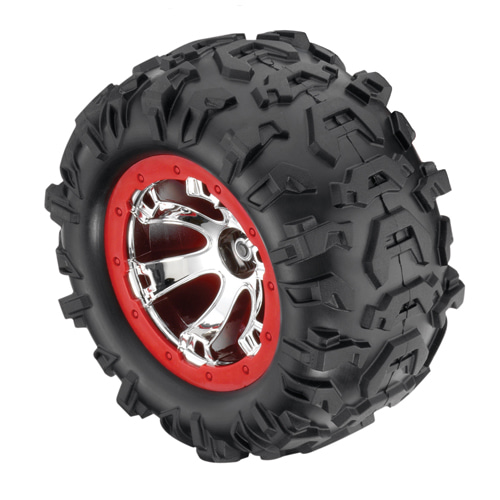 AX7272 Tires and wheels assembled glued (Geode chrome red beadlock style wheels Canyon AT tires foam inserts) (1 left 1 right)