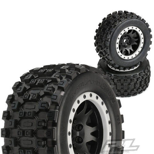 AP10131-13 Badlands MX43 Pro-Loc All Terrain Tires Mounted for X-MAXX Front or Rear, Mounted on Impulse Pro-Loc Black Wheels with Stone Gray Rings