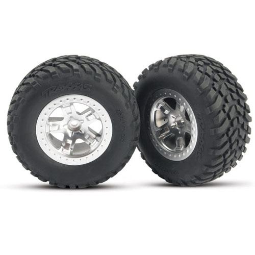 AX5873 Tires &amp; wheels assembled glued (SCT satin chrome beadlock style wheels SCT off-road racing tires foam inserts) (2) (4WD front/rear 2WD rear only)