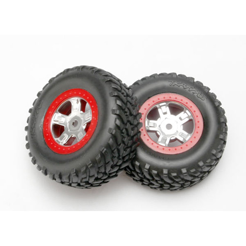 AX7073A Tires and wheels assembled glued (SCT satin chrome wheels red beadlock style SCT off-road racing tires foam inserts)