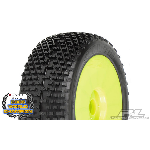 AP9025-21 Bow-Tie M2 (Medium) Off-Road 1:8 Buggy Tires Mounted on Yellow Velocity wheels for Front or Rear