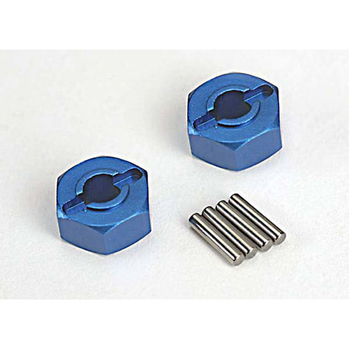 AX1654X Wheel hubs hex (blue-anodized lightweight aluminum) (2)/ axle pins(2)