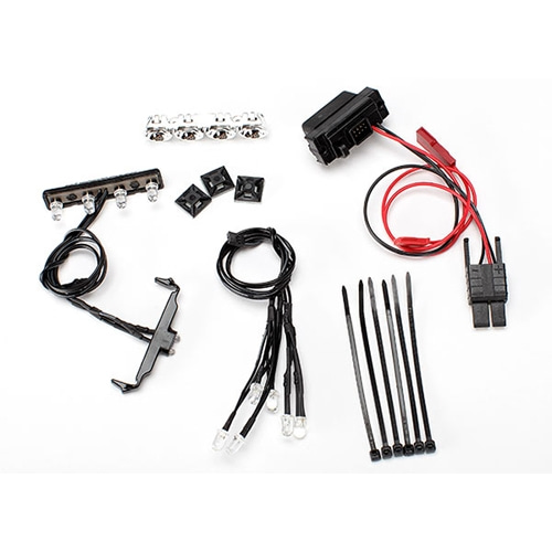 AX7285 LED light kit, 1/16th Summit (power supply, chrome lightbar, roof light harness (4 clear, 2 red), chassis harness (4 clear, 2 red), wire ties, mounts)