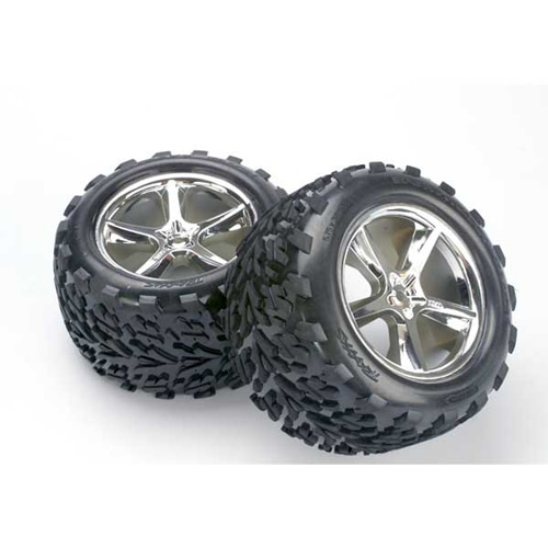 AX5374 Tires &amp; wheels assembled glued (Gemini chrome wheels Talon tires foam inserts) (2) (also fits Maxx series)