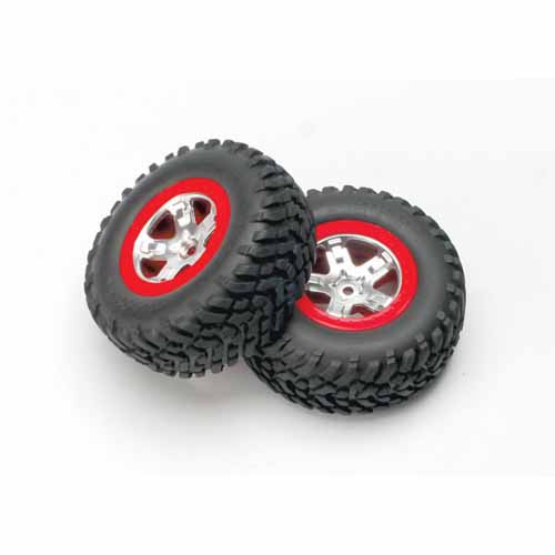 AX5873A Tires &amp; wheels assembled glued (SCT satin chrome red-beadlock style wheels SCT off-road tires foam inserts) (2) (4WD front/rear 2WD rear only)